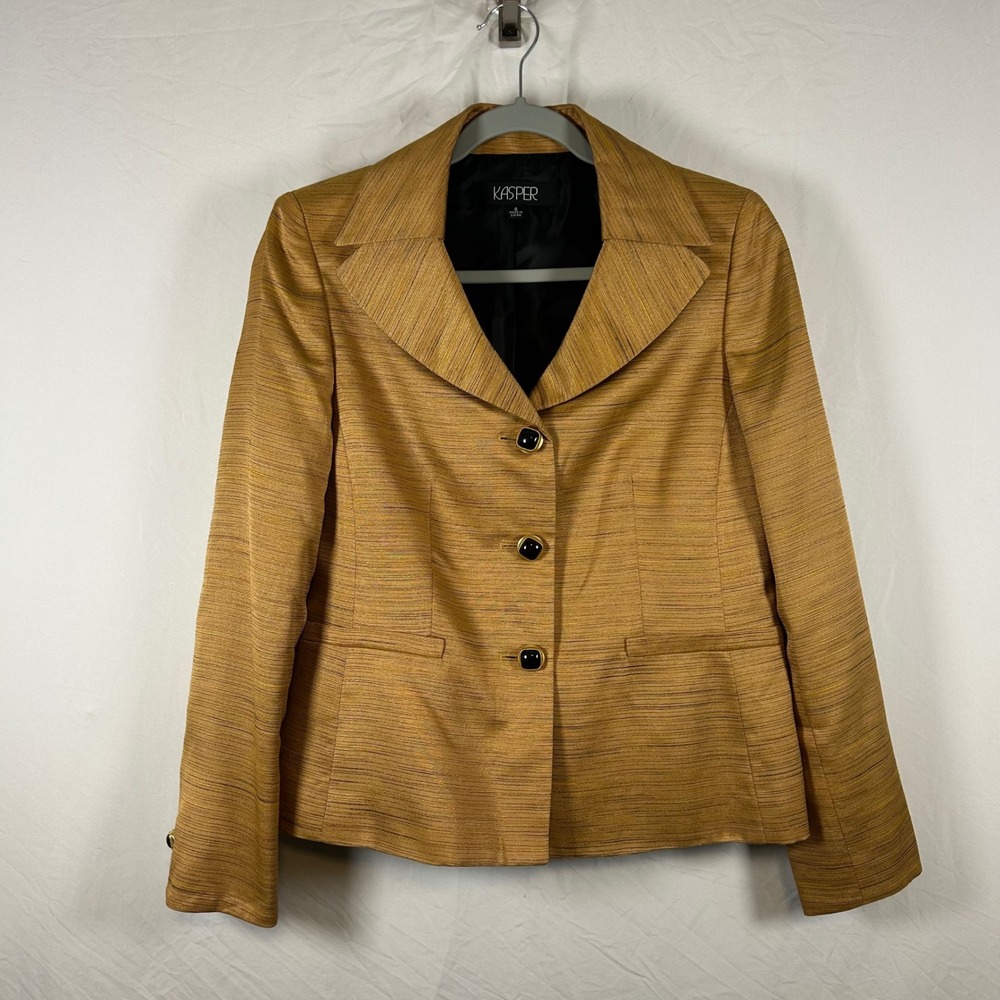 Kasper Womens Size 8 Gold Mustard Textured Blazer Jacket Shoulder Pads Office